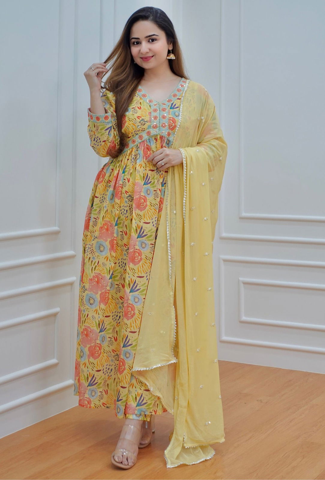 Yellow Floral Alia Cut Kurti With Bottom Dupatta Catalog